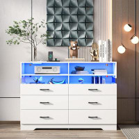 Wrought Studio Dresser For Bedroom, Modern 6 Drawers Double Dresser With Led Lights And Charging Station, White Chest Of