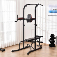 MULTI-FUNCTION TRAINING STAND POWER TOWER STATION GYM WORKOUT EQUIPMENT WITH SIT UP BENCH, PULL UP BAR, BLACK