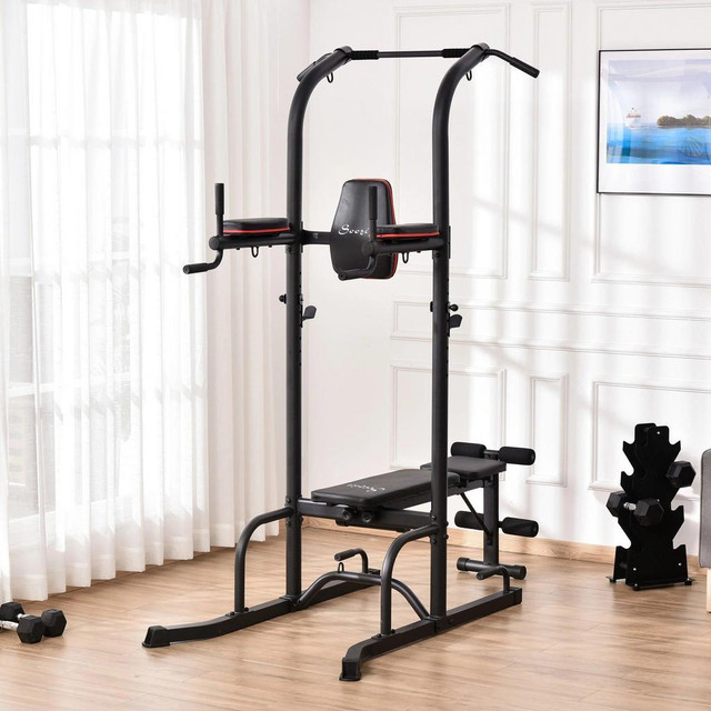 MULTI-FUNCTION TRAINING STAND POWER TOWER STATION GYM WORKOUT EQUIPMENT WITH SIT UP BENCH, PULL UP BAR, BLACK in Exercise Equipment