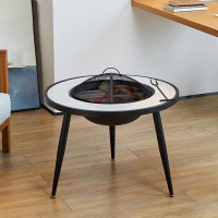 Arlmont & Co. 27.95"W Round Marble Charcoal Wood Burning Outdoor Fire Pit Table With Lid