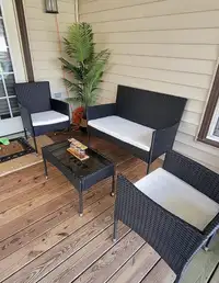 4 Piece Outdoor Rattan Furniture Set Wicker Sofa Chair Glass Coffee Table