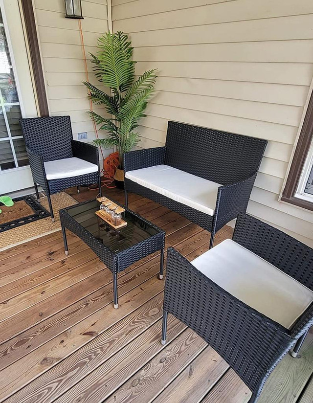 4 Piece Outdoor Rattan Furniture Set Wicker Sofa Chair Glass Coffee Table in Patio & Garden Furniture