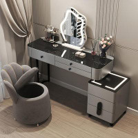 Everly Quinn Makeup Vanity with Lighted Mirror Chair and  Cabinet (Dark Grey Black)