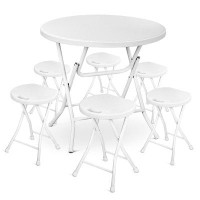 MoNiBloom 7 Pieces 2.6 FT Folding Round Table And Chair Set, Party Plastic Desk And Foldable Steel Stool