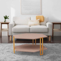 Everly Quinn 36 Inch Hexagonal Modern Coffee Table, Wood Top and Shelf, Gold Metal Legs