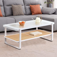 Bay Isle Home™ Modern Design rectangular Coffee Table with craft glass tabletop and imitation rattan weaving Shelf