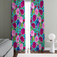 Folk N Funky Teal Turquoise Floral Window Curtain Panels