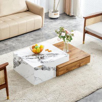 Ivy Bronx A Modern MDF Coffee Table In White And Wood Tones, Equipped With Drawers For Storage. The Fusion Of Elegance A
