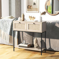 Bay Isle Home™ Rattan Console Table Boho Entryway Table With 2 Rattan Drawers And Open Storage Shelf