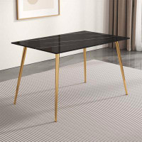 Mercer41 Modern Minimalist Rectangular Black Imitation Marble Dining Table, 0.3 Inches Thick, Gold Colour Metal Legs