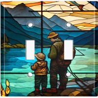 WorldAcc Metal Light Switch Plate Outlet Cover (Fishing Father Son Bonding Art - Double Toggle)