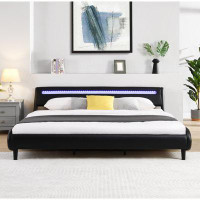 Wrought Studio Modern Upholstered Platform Bed Frame With LED Lights Headboard, Faux Leather Wave-Like Bed Frame,Strong