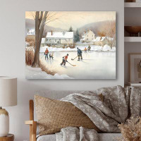 Red Barrel Studio Enfants jouant au hockey en hiver - Peinture sur toile