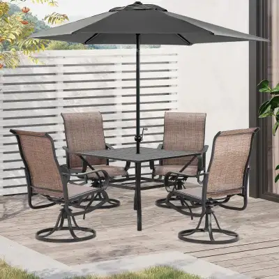 5pc Steel Bistro Dining Table w 4 High-Back Mesh Swivel Rocking Chairs, Outdoor Patio, Brown