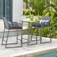 Arlmont & Co. 3-Piece Outdoor Wicker Bar Height Table Set, 2 Bar Stools And 1 Pub Table With 2 Striped Pillows, Grey Rat