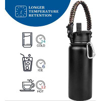 Orchids Aquae Water Bottle With Wide Mouth Straw Lid & Handle Lid , Vacuum 18/8 Insulated Stainless Steel Sport Water Ju