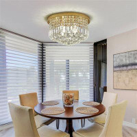 House of Hampton Modern Gold Crystal Chandelier, 9-Light Flush Mount, Dimmable Lighting Fixture 60 0.00884