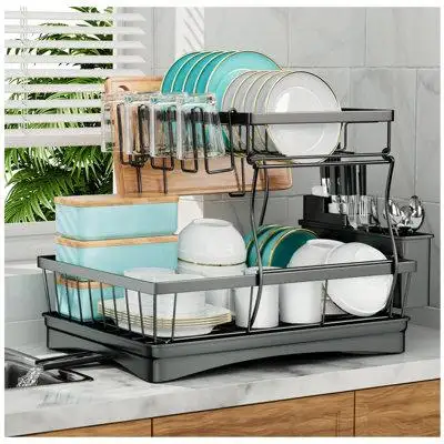 KOVOME Detachable Large Capacity Dish Drainer Organizer With Utensil Holder, 2-Tier Dish Drying Rack With Drain Board, B