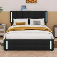 Cosmic Queen Size Upholstered Platform Bed with LED Lights, USB Charging, and with 4 Drawers