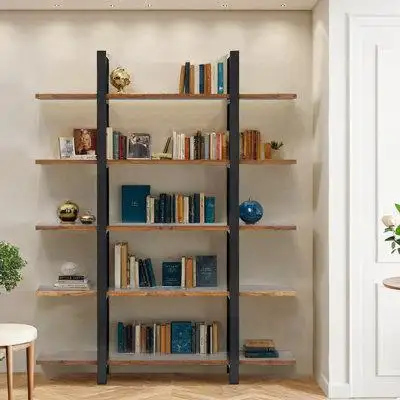 Burnished rustic brown MDF board and black metal frame the 5 tier rustic bookshelf looks graceful an...