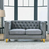 Mercer41 58 Inch Loveseat, 2-Seater Velvet Sofa Couch With Nailhead Trim, Tufted Buttons & Metal Legs, Modern Upholstere