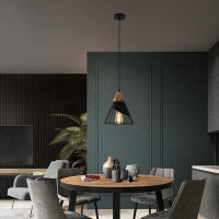 Hokku Designs Modern Black Pendant Light Over Kitchen Island, Adjustable Wood Hanging Light Fixture,Industrial Pendant L