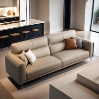 PULOSK 82.68" Khaki Genuine Leather Modular Sofa cushion couch