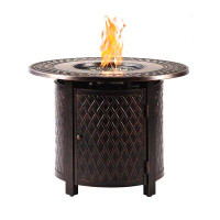 Lark Manor Delrick Round 34 In. X 34 In. Aluminum Propane Fire Pit Table With Glass Beads, Two Covers, Lid, 37,000 Btus