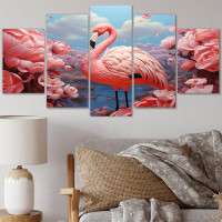 Design Art Pink Flamingo Flair - Animals Metal Art Print Set