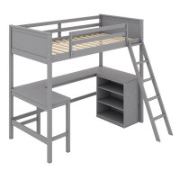 Harriet Bee Twin Size Loft Bed With Shelves And Desk, Wooden Loft Bed With Desk