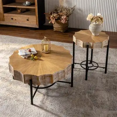 Millwood Pines 31.5 "Vintage Patchwork Lace Shape Coffee Table With Natural Pine Grain Table Top And Dimpled Metal Cross