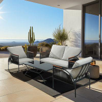 Latitude Run® 4-Pc Black Iron Outdoor Patio Furniture Set with Grey Cushions