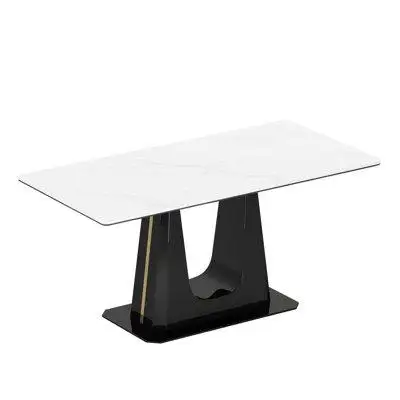 This dining table features a 12mm sintered stone composite glass top with a stainless steel base ble...