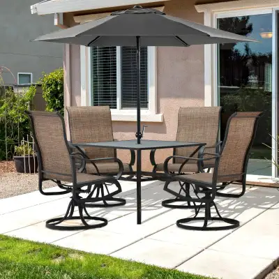 5pc Steel Bistro Dining Table w 4 High-Back Swivel Rocking Chairs, Outdoor Patio, Black, Brown