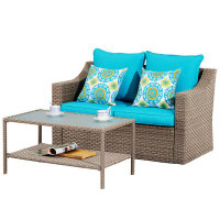 Ebern Designs Outdoor Wicker PE Rattan Patio Double Couch Set With Coffee Table