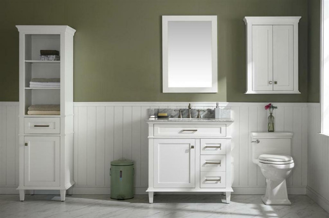 30, 36, 54, 60, 72 & 80 White Vanity w 2 Top Choices  (Blue Limestone or Carrara White Marble) (Mirror, OJ & Linen) LFC in Cabinets & Countertops - Image 3