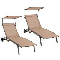 Ebern Designs Ebern Designs 2pcs Patio Chaise Lounge Chair Heavy-duty Lounger Canopy Cup Holder Wheeled 6-level