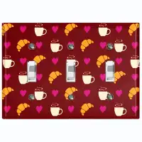 WorldAcc Metal Light Switch Plate Outlet Cover (Coffee Cups Croissant Hearts Maroon - Triple Toggle)
