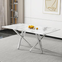 Wrought Studio Large Modern Simple Rectangular Glass Dining Table For 6-8 People With 0.39-Inch White Imitation Marble D