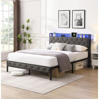 GZMWON Bed Frame With Storage Headboard, Charging Station And Led Lights