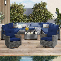Latitude Run® 11-Piece Grey Wicker Patio Conversation Set with Swivel Chairs, Light Grey Cushions