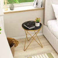Mercer41 Foy Modern Round Side Table with Marble Effect Top and Gold Metal Frame