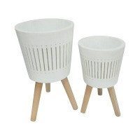 George Oliver Donahue 2 Pieces White, Line and Dot Accent Magnesia Planter with Wood Legs for Indoor or Outdoor Use