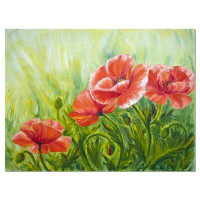Design Art Blooming Poppies with Green Leaves Large Floral Painting Print on Wrapped Canvas