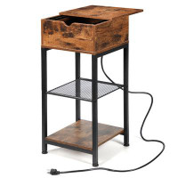 Loon Peak Bedside Table Nightstand Narrow Sliding Top Side Table With Storage Shelf With USB Ports & Power Outlets