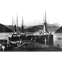 Breakwater Bay Magic Lantern Slide Circa 1900.Victorian/Edwardian Social History Thw Warf Picton New Zealand With Ships