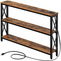 17 Stories Sofa Table With Charging Station, 3 Tier Narrow Console Storage Shelf And Power Outlet, 47” Entryway Metal Fr