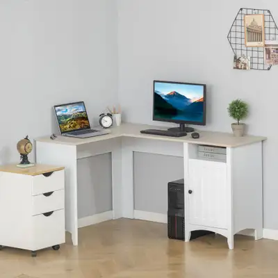 L Shaped Desk 55''x39.25''x30'' Natural Wood, White