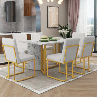 Everly Quinn 7-Piece Dining Table Set with 6 Upholstered Linen Chair and Steel Legs
