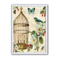 East Urban Home 'Blue Cottage Bird, Birdcage and Apple Blossoms I' - Picture Frame Print on Canvas